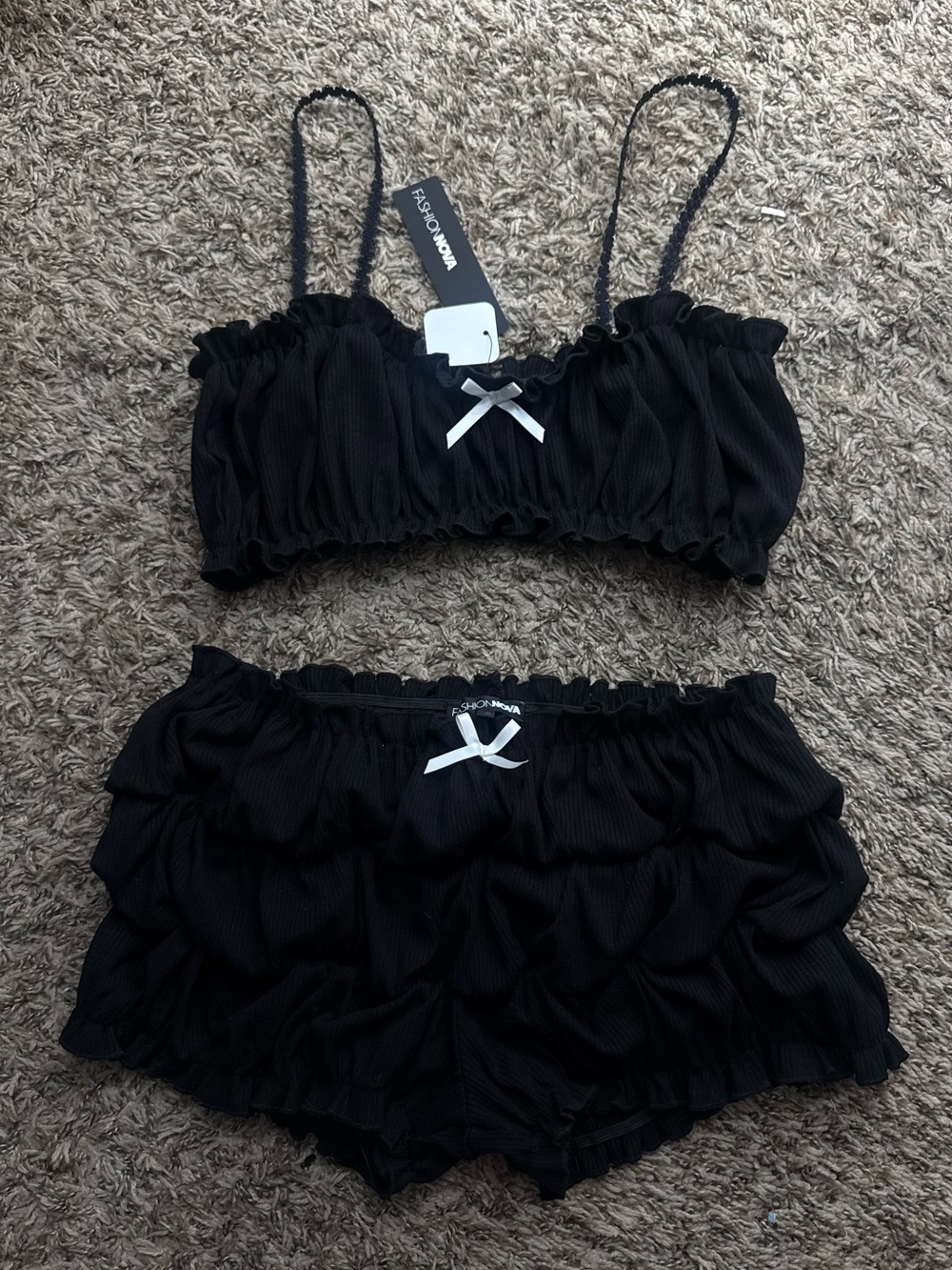 Fashion Nova Black Ruffle Two-Piece Short Set with Bow Accent